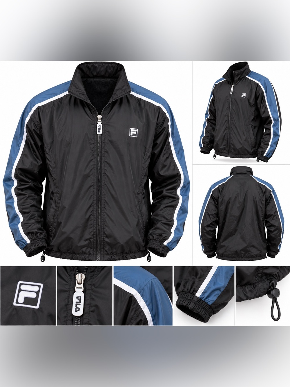 Vintage FILA Windbreaker Jacket Mens Large Black Blue White 90s Y2K 🔥 🔥